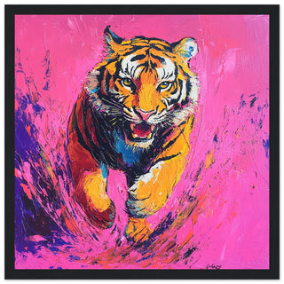 Vibrant Neon Tiger in Motion Large Art Print Black Frame