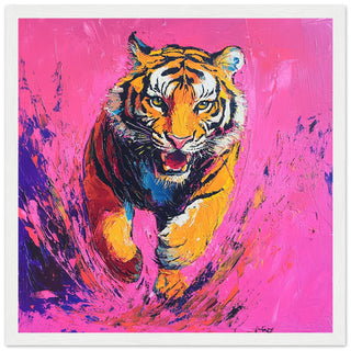 Vibrant Neon Tiger in Motion Large Art Print White Frame