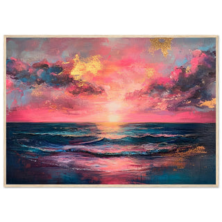 Vibrant Sunset Seascape with Gold Highlights  Light Wood Framed Art Print