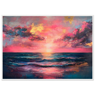 Vibrant Sunset Seascape with Gold Highlights  White Wood Framed Art Print