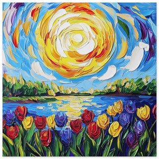 Vibrant Tulip Field Landscape Art with Swirling Sun Art Print