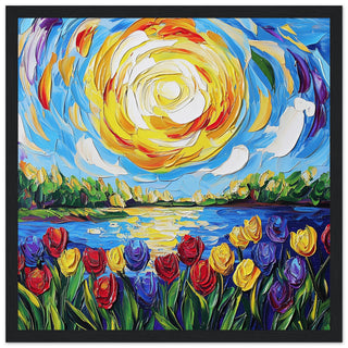 Vibrant Tulip Field Landscape Art with Swirling Sun Art Print Black Frame