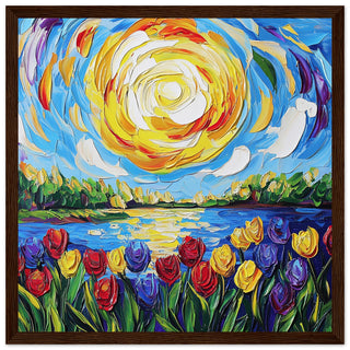 Vibrant Tulip Field Landscape Art with Swirling Sun Art Print Dark Wood Frame