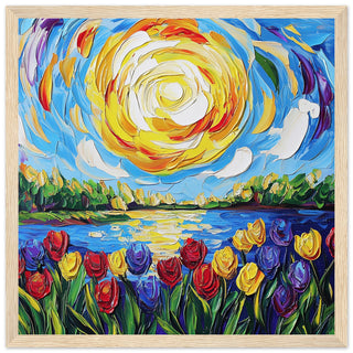 Vibrant Tulip Field Landscape Art with Swirling Sun Art Print Light Wood Frame