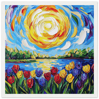 Vibrant Tulip Field Landscape Art with Swirling Sun Art Print White Frame