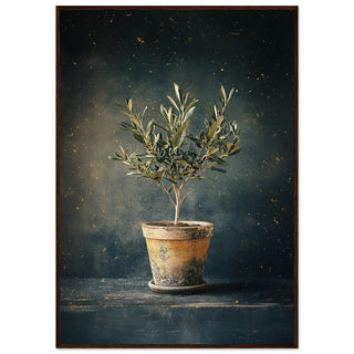 Vintage Olive Tree in Antique Pot Dark Wood Frame Art Print