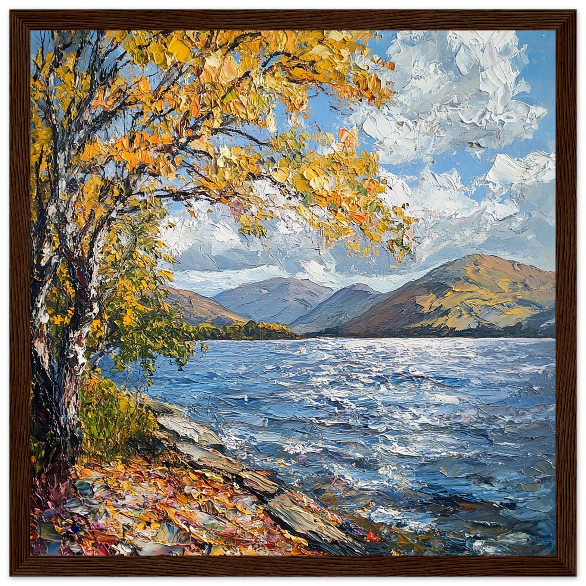 Windy Autumn Day at Loch Lomond Dark Wood Frame Art Print