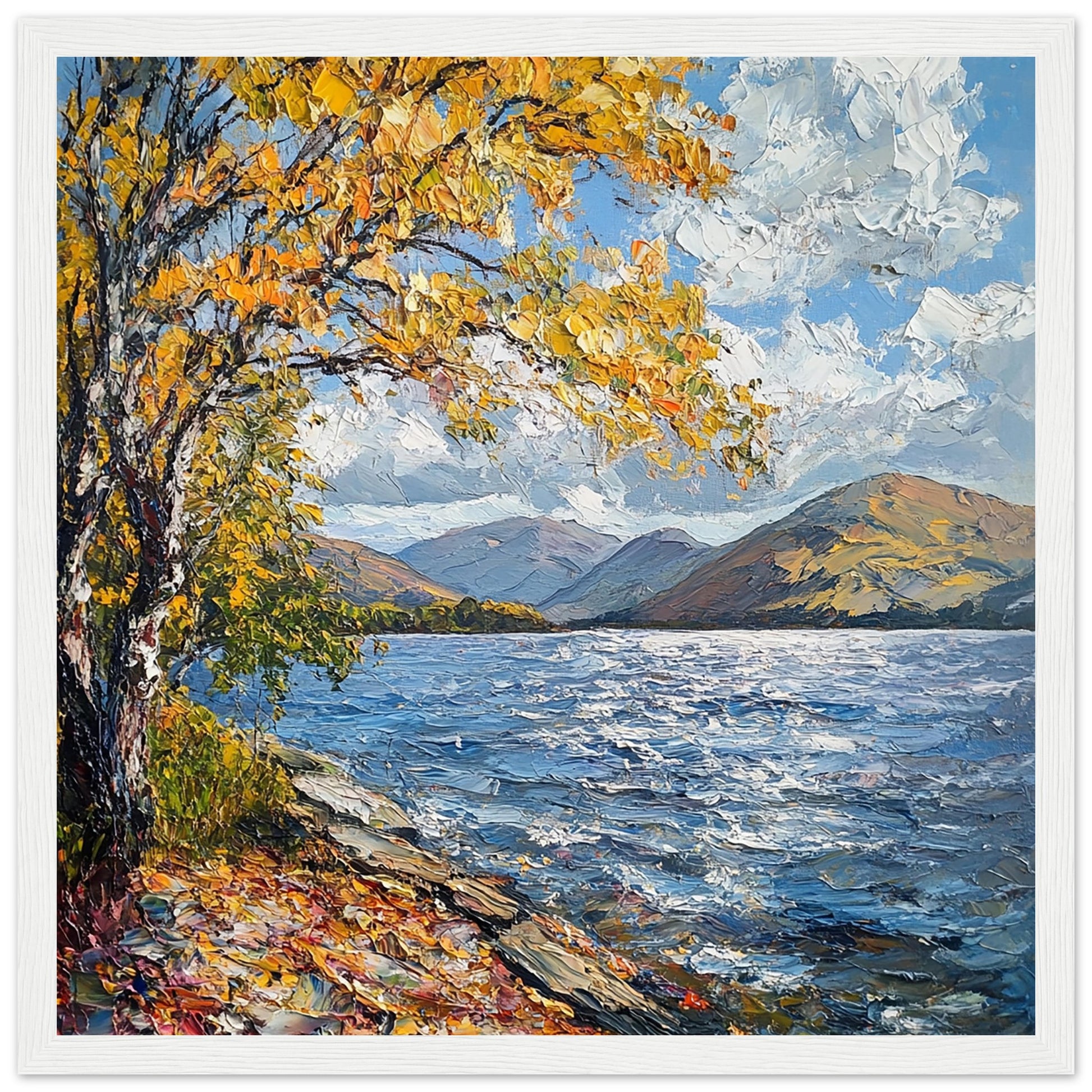 Windy Autumn Day at Loch Lomond White Wood Frame Art Print