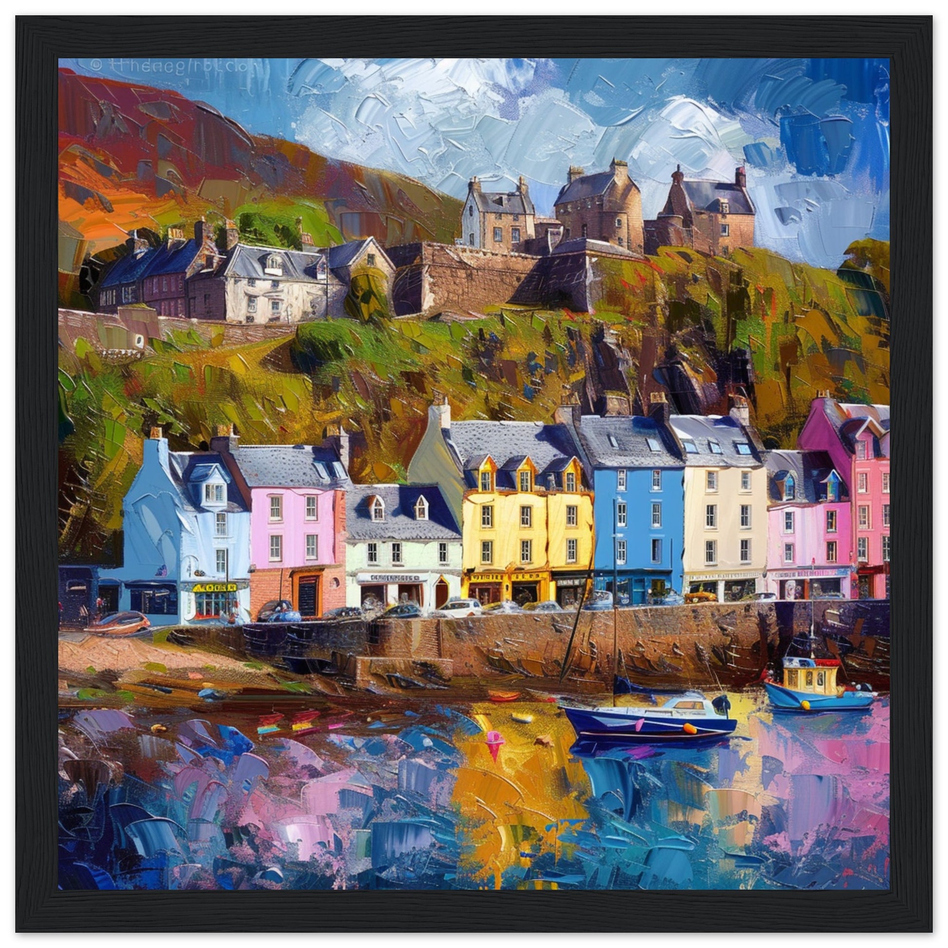 Portree Harbour: Isle of Skye’s Colourful Quay black framed art print | By Print Room Ltd