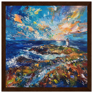 Llanddwyn Lighthouse in Vivid Oils dark wood framed art print | By Print Room Ltd