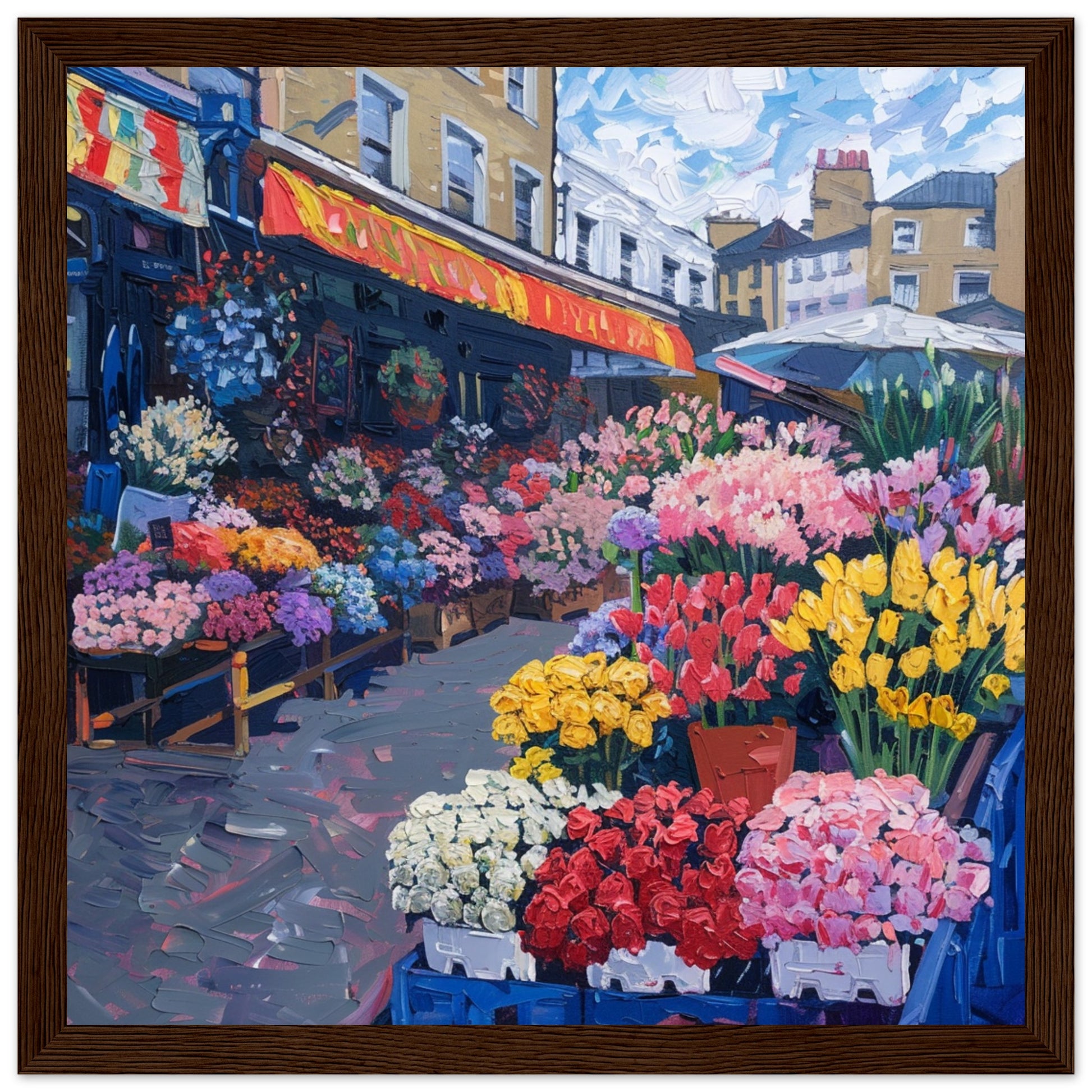 Blooms of London’s Columbia Road dark wood framed art print | By Print Room Ltd