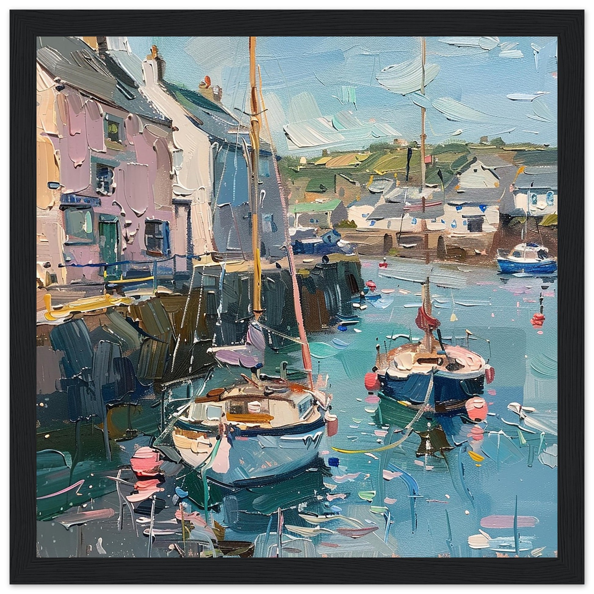 Quayside Quintessence: Padstow in Oil art print in black wood frame | by Print Room Ltd