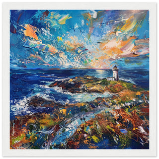 Llanddwyn Lighthouse in Vivid Oils  white framed art print | By Print Room Ltd