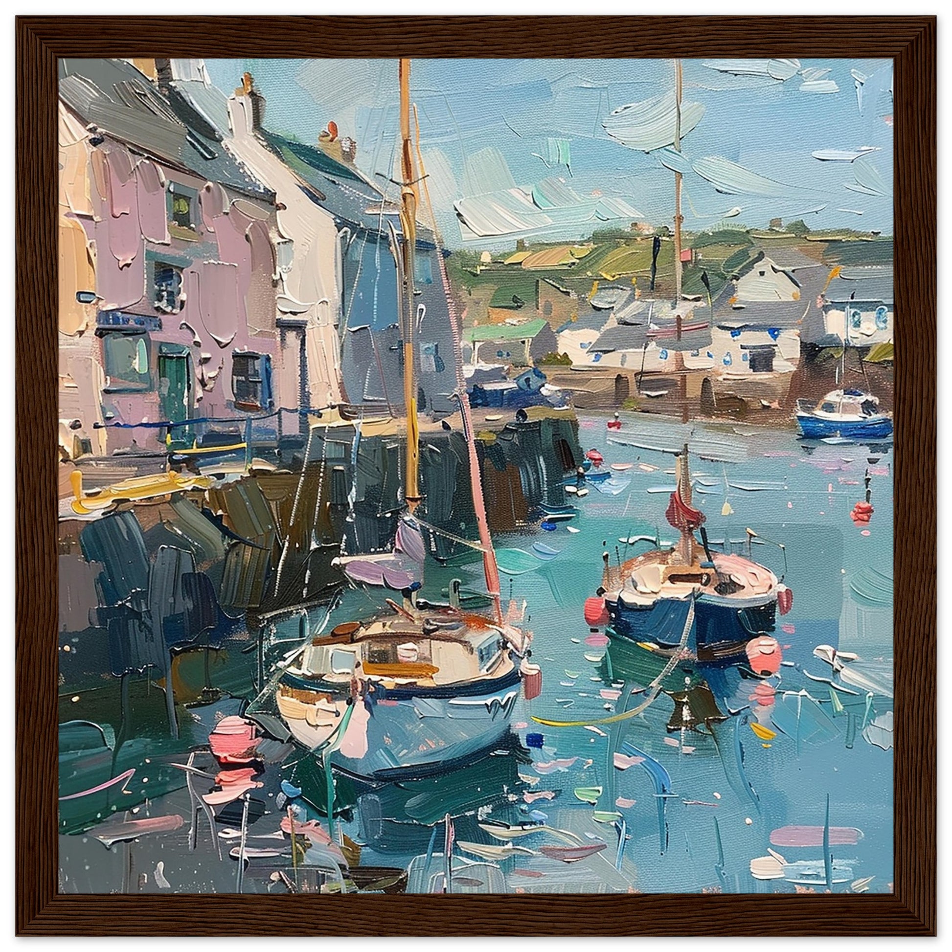 Quayside Quintessence: Padstow in Oil art print in dark wood frame| by Print Room Ltd