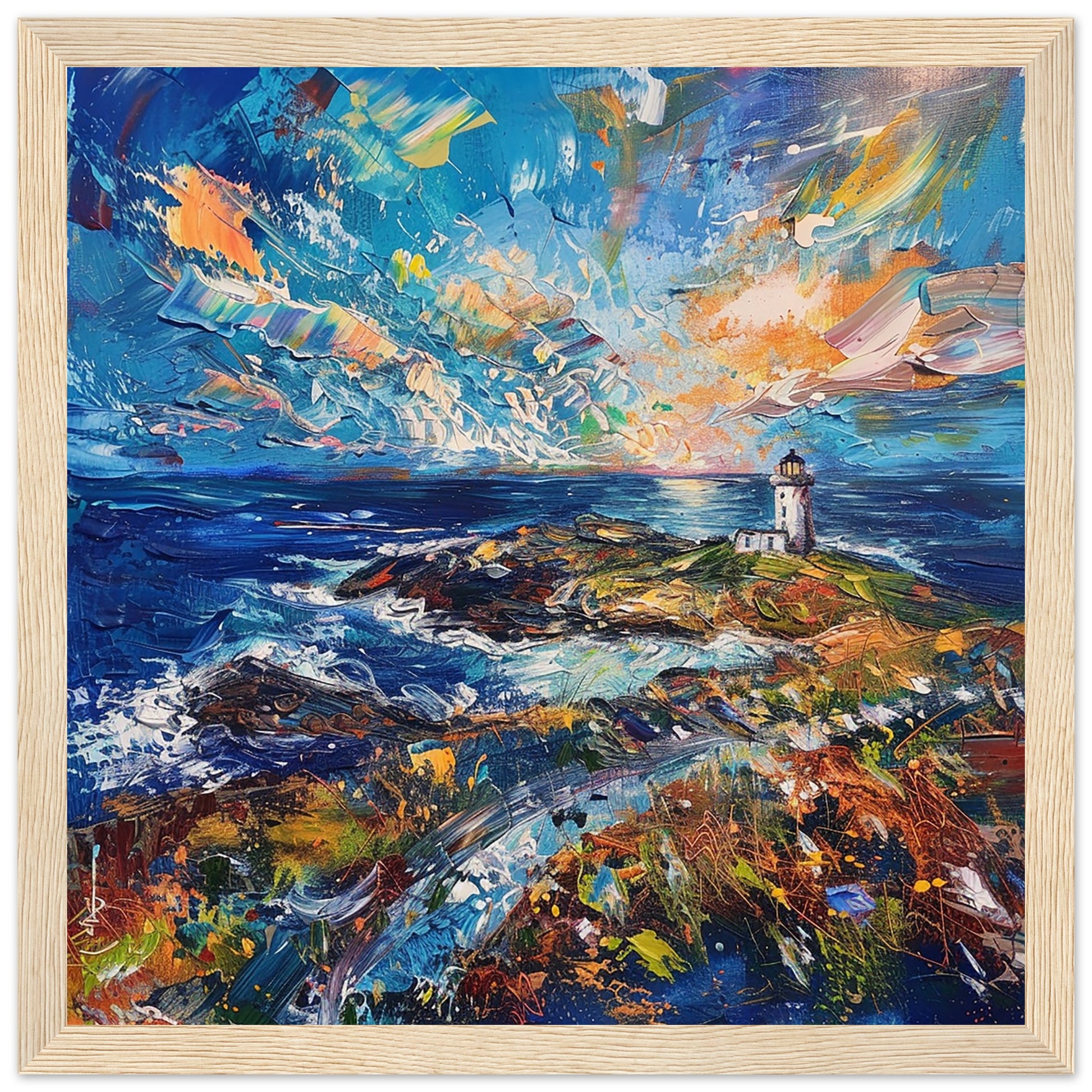 Llanddwyn Lighthouse in Vivid Oils wood framed art print | By Print Room Ltd